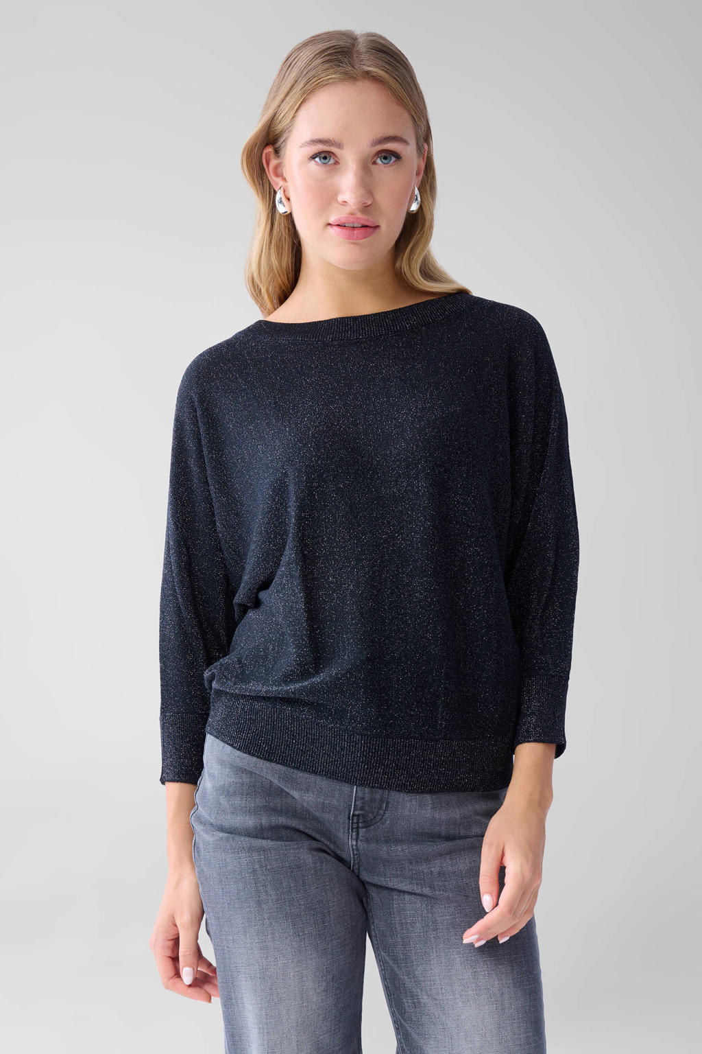 Zwarte dames Shoeby top Glitter van viscose met effen, driekwart mouwen en ronde hals