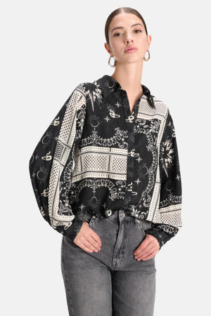 blouse ARAFAT met all over print zwart/wit