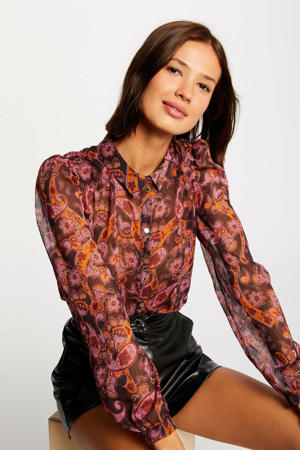 semi-transparante geweven blouse met paisleyprint en plooien donkerbruin/oranje