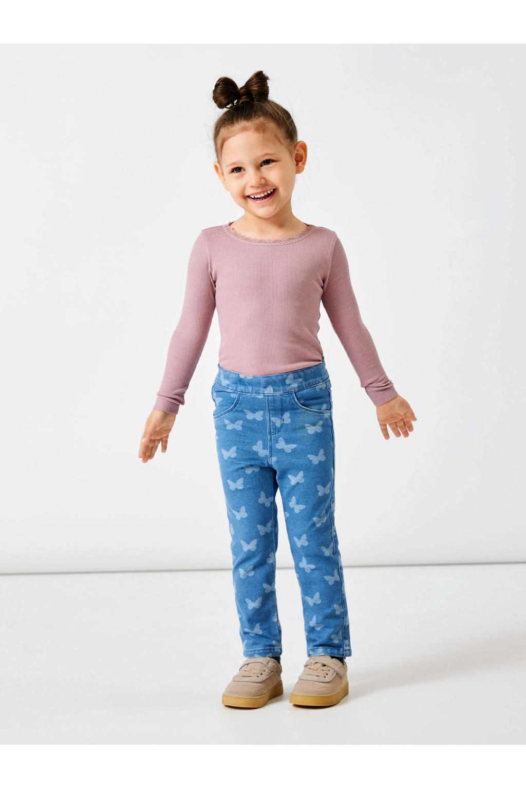 Roze meisjes NAME IT MINI ribgebreide longsleeve van stretchkatoen met effen, lange mouwen en ronde hals