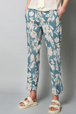cropped tapered fit broek May met linnen en all over print blauw/beige