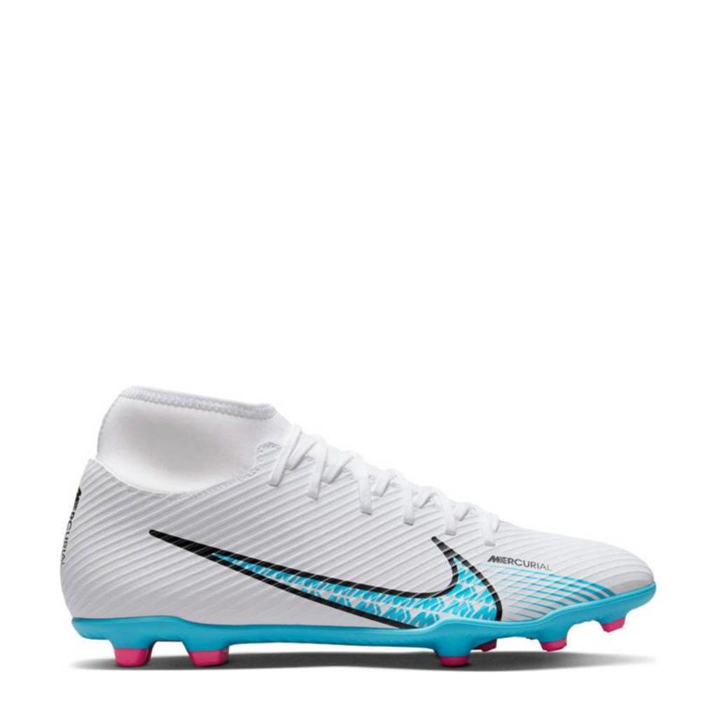 Wit en blauwe jongens en meisjes Nike Superfly 9 Club fg mg Jr. voetbalschoenen van imitatieleer met veters en logo