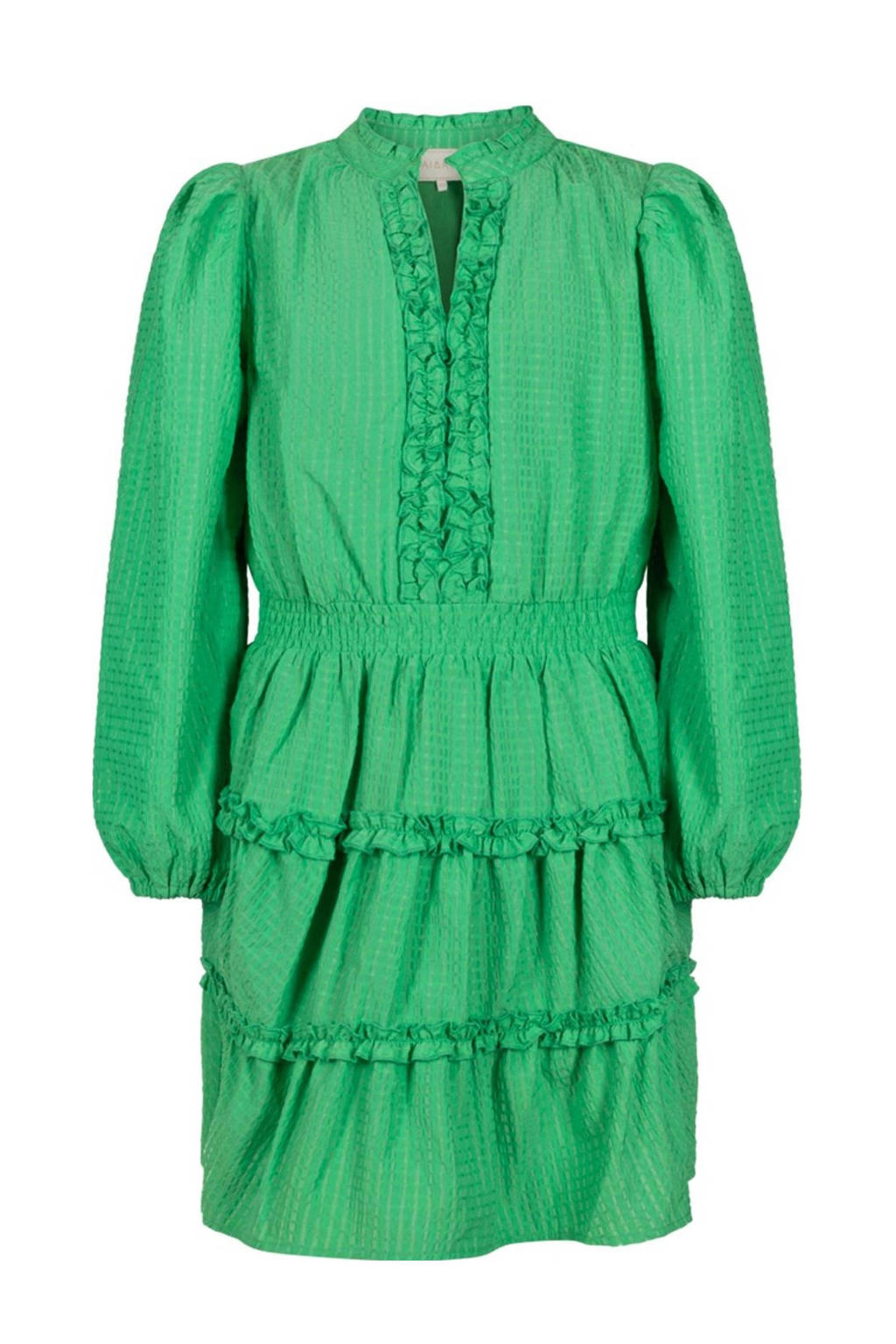 Groene meisjes AI&KO A-lijn jurk Alysha van polyester met lange mouwen, V-hals, elastische tailleband en ruches