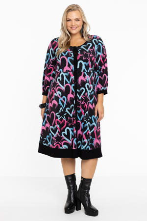 A-lijn jurk van travelstof DOLCE met hartjes zwart/roze/blauw