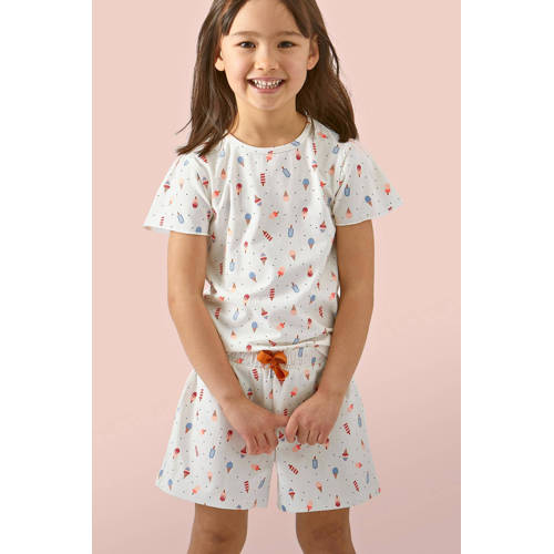Little Label shortama met all over print van katoen ecru/blauw/rood afbeelding