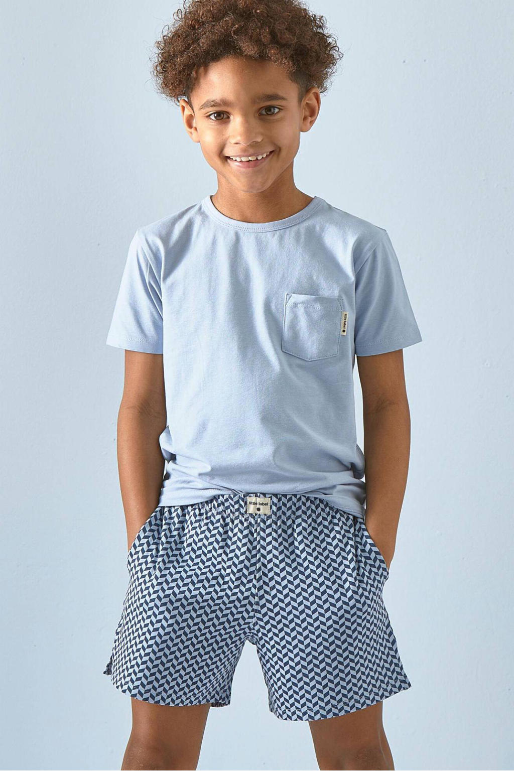 Little Label shortama met all over print van katoen blauw/grijs