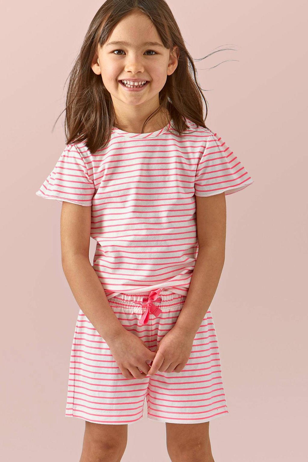 Little Label gestreepte shortama van katoen roze/wit