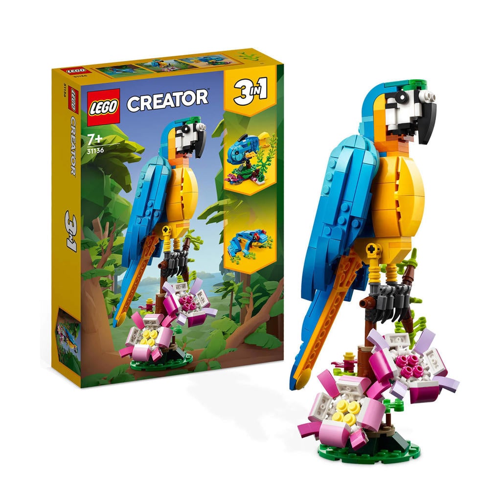 LEGO Creator 3-in-1 Exotische Papegaai - Kikker - Vis Dieren Speelgoed voor Kinderen 31136