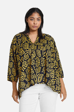 blousetop met all over print donkerblauw/geel