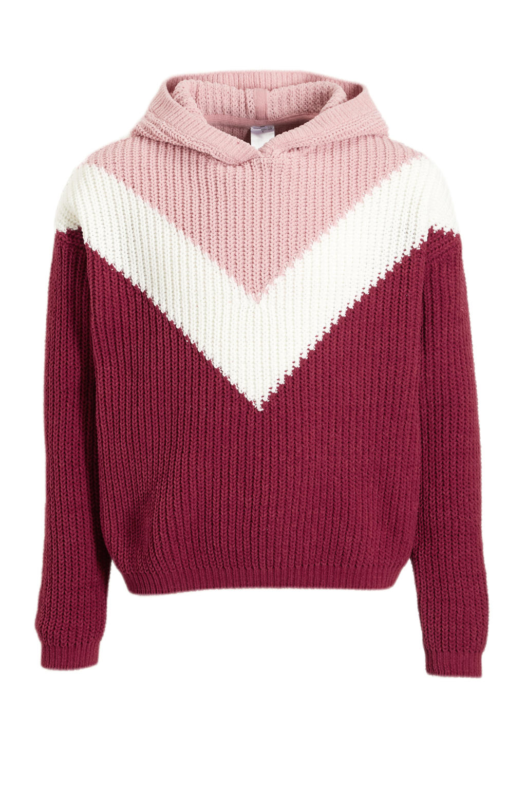 Donkerrood, wit en roze meisjes C&A Here & There grofgebreide trui van polyester met meerkleurige print, lange mouwen en capuchon