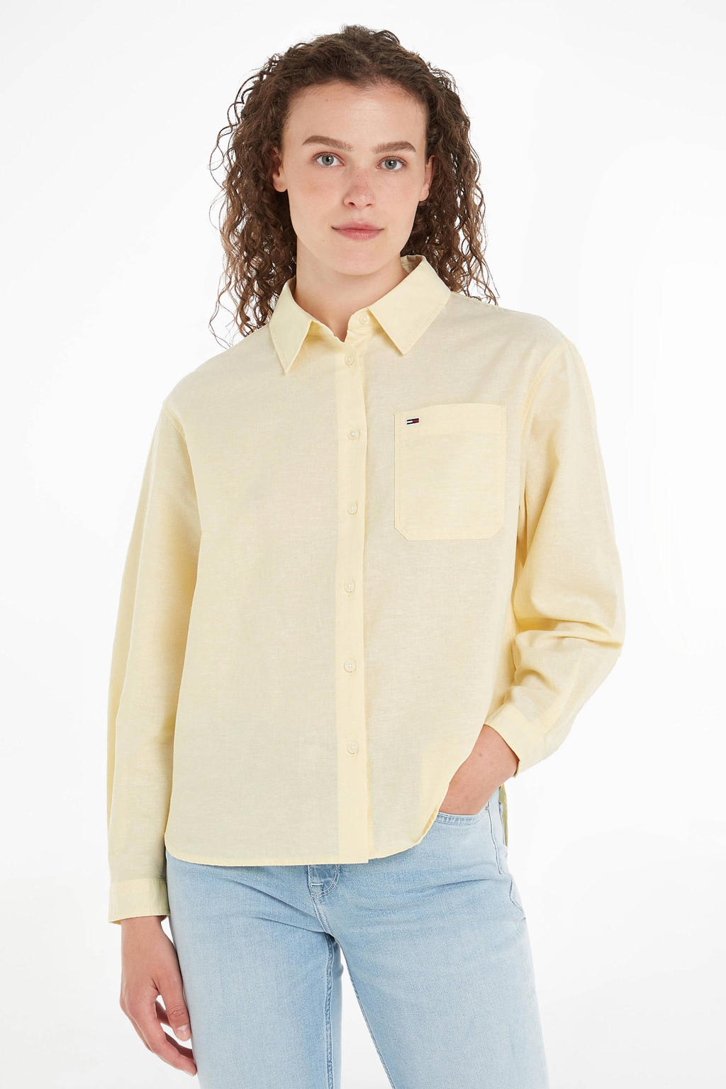 Lichtgele dames Tommy Jeans blouse van katoen met logo dessin, lange mouwen, klassieke kraag en knoopsluiting
