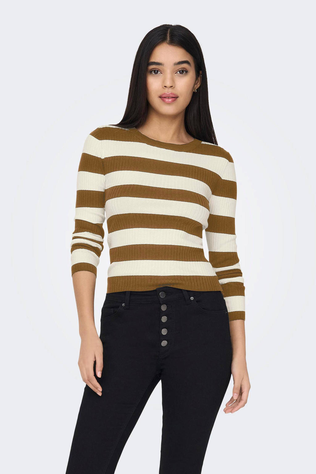 Bruin en witte dames JDY gestreepte top van viscose met lange mouwen en ronde hals