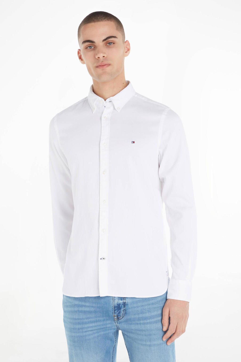 Witte heren Tommy Hilfiger slim fit overhemd van katoen met logo dessin, lange mouwen en button down sluiting