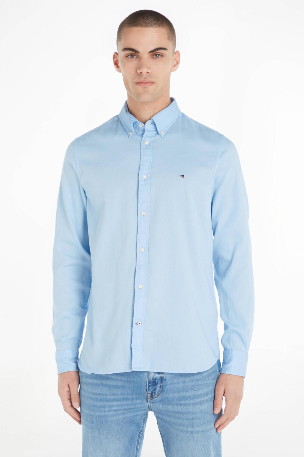Lichtblauwe heren Tommy Hilfiger slim fit overhemd van katoen met logo dessin, lange mouwen en button down sluiting