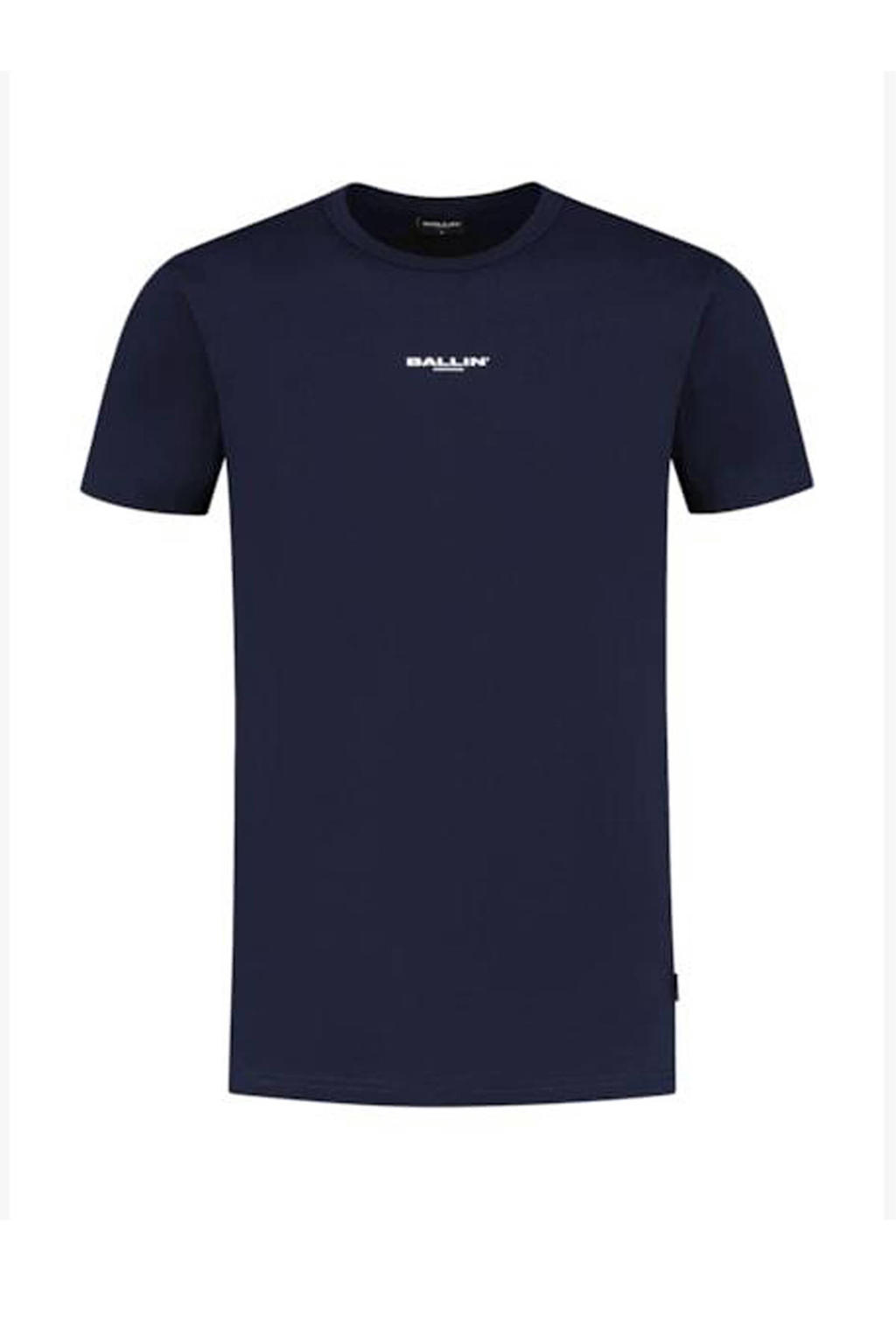 Donkerblauwe heren Ballin T-shirt van biologisch katoen met backprint, korte mouwen en ronde hals