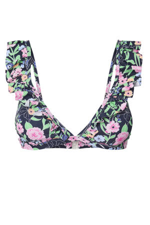 voorgevormde bikinitop PCBADA met ruches donkerblauw/roze/groen