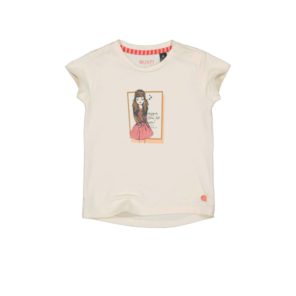 Crème meisjes Quapi T-shirt van stretchkatoen met printopdruk, korte mouwen, ronde hals en drukknoopsluiting