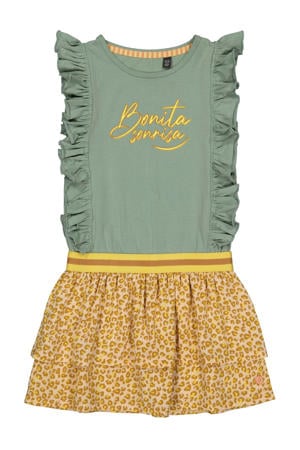 jurk QTALYSA met all over print en ruches groen/geel