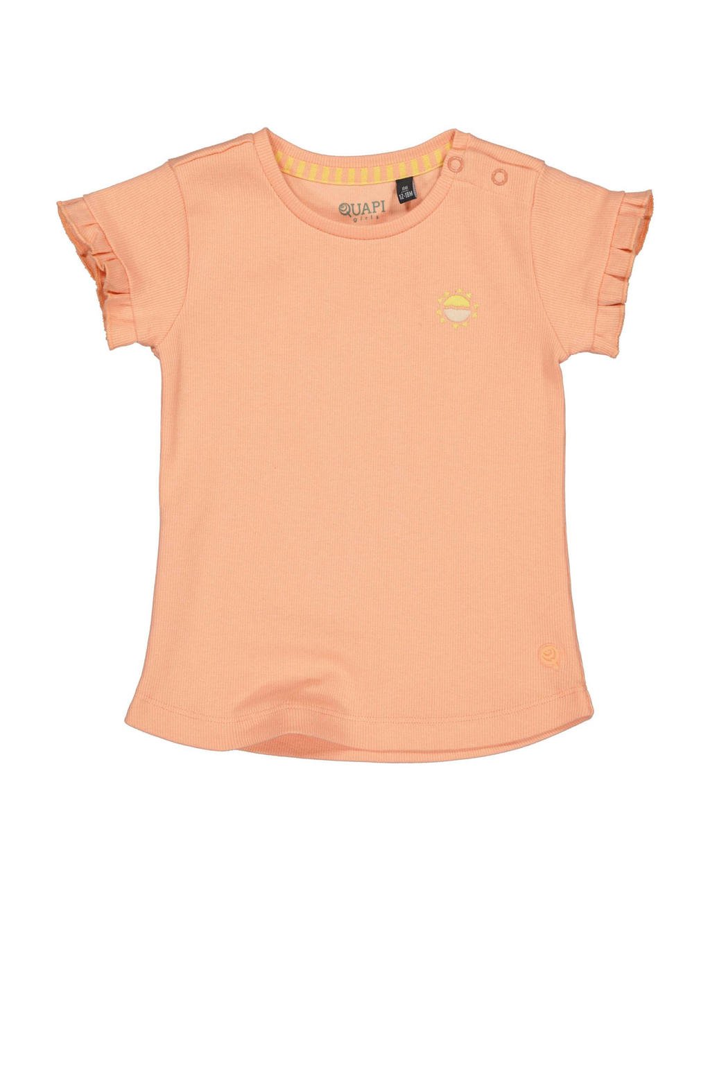 Oranje meisjes Quapi T-shirt van stretchkatoen met korte mouwen, ronde hals en ruches