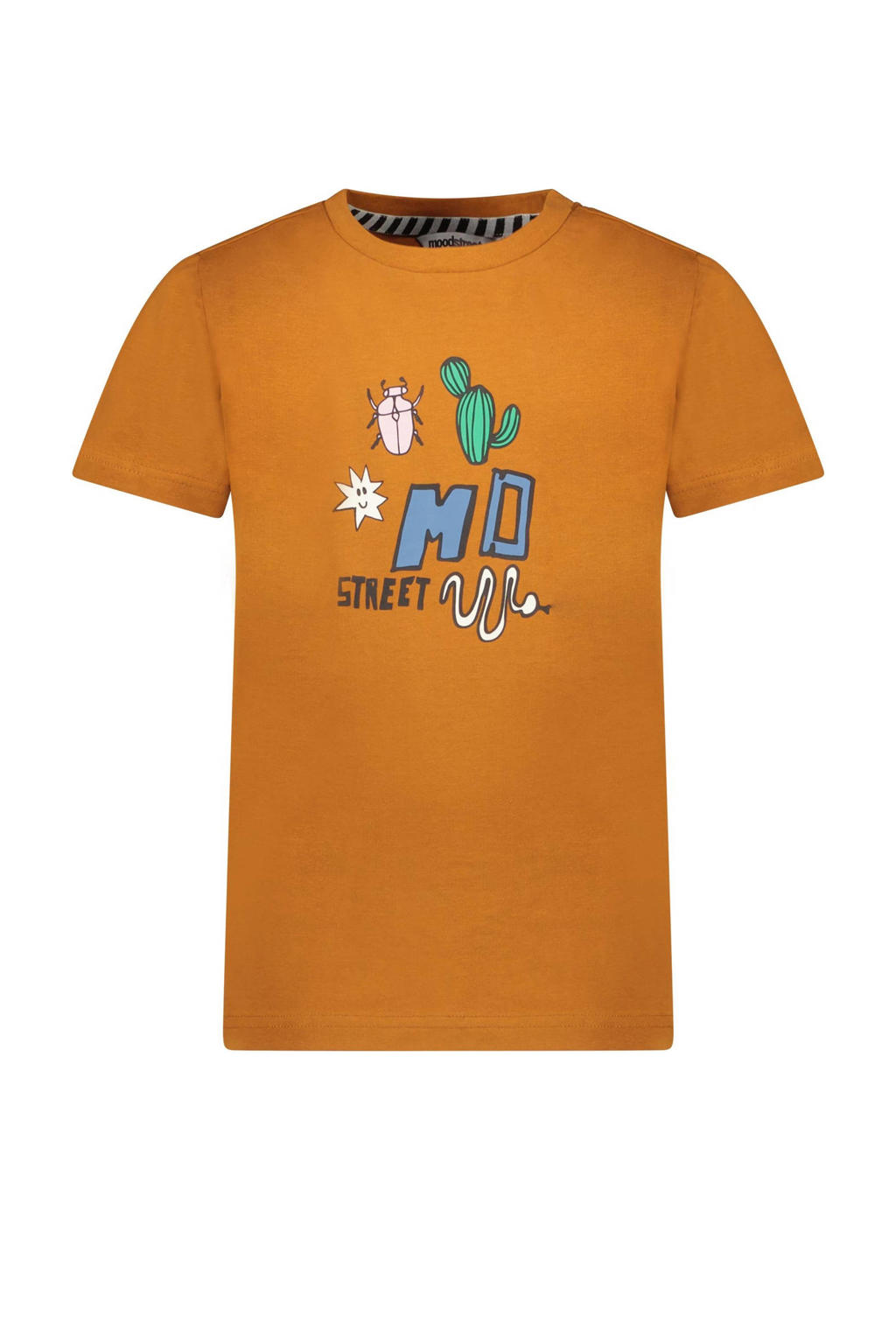 Bruine jongens Moodstreet T-shirt toffee van duurzaam stretchkatoen met printopdruk, korte mouwen en ronde hals