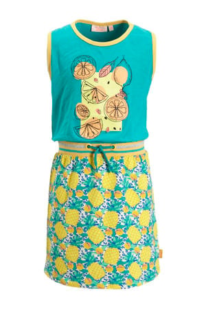 jurk Marietje met all over print turquoise/geel