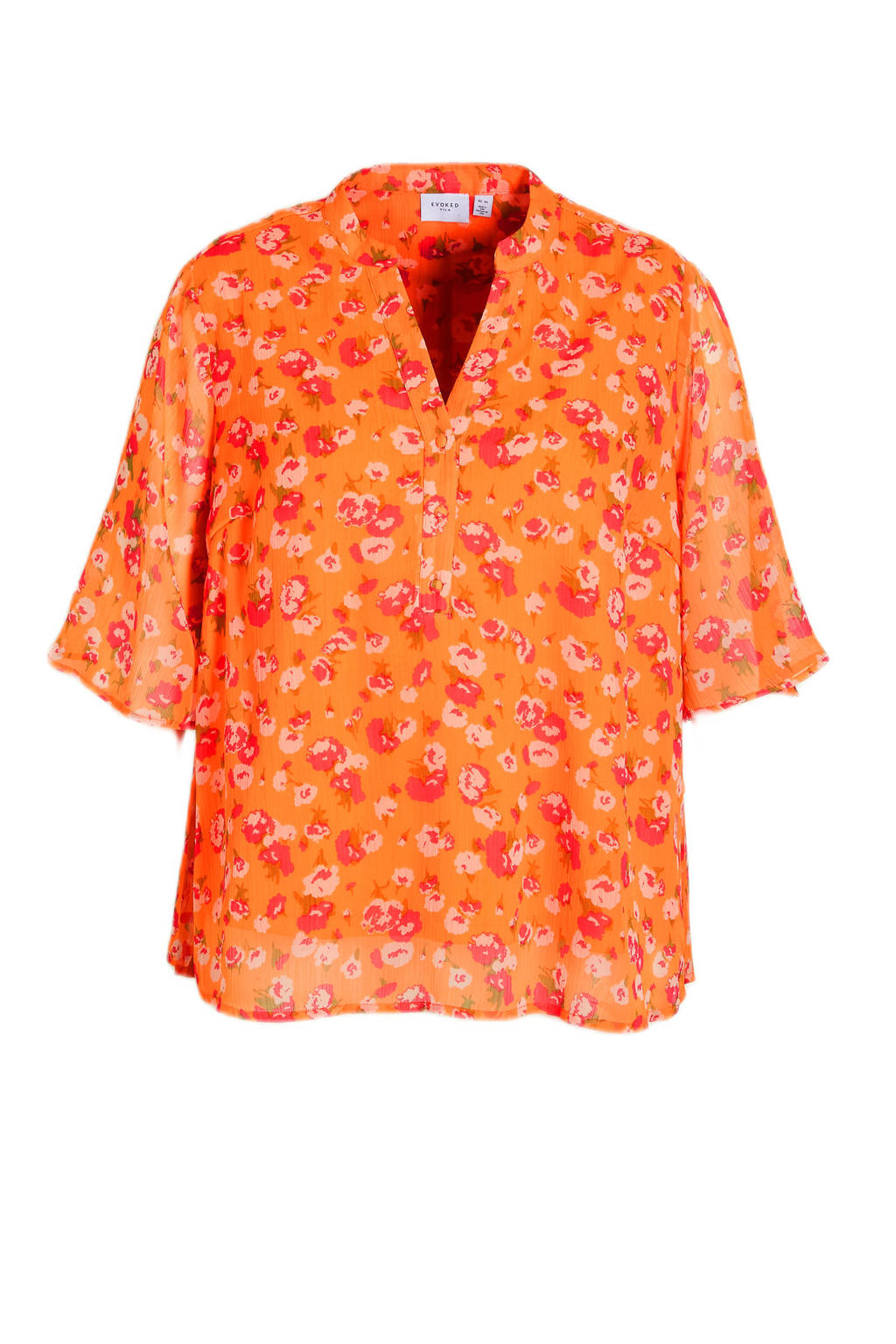 Oranje en roze dames EVOKED VILA gebloemde blousetop van gerecycled polyester met korte mouwen en V-hals