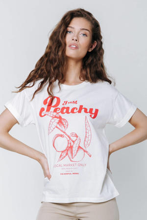 T-shirt Just Peachy met printopdruk ecru