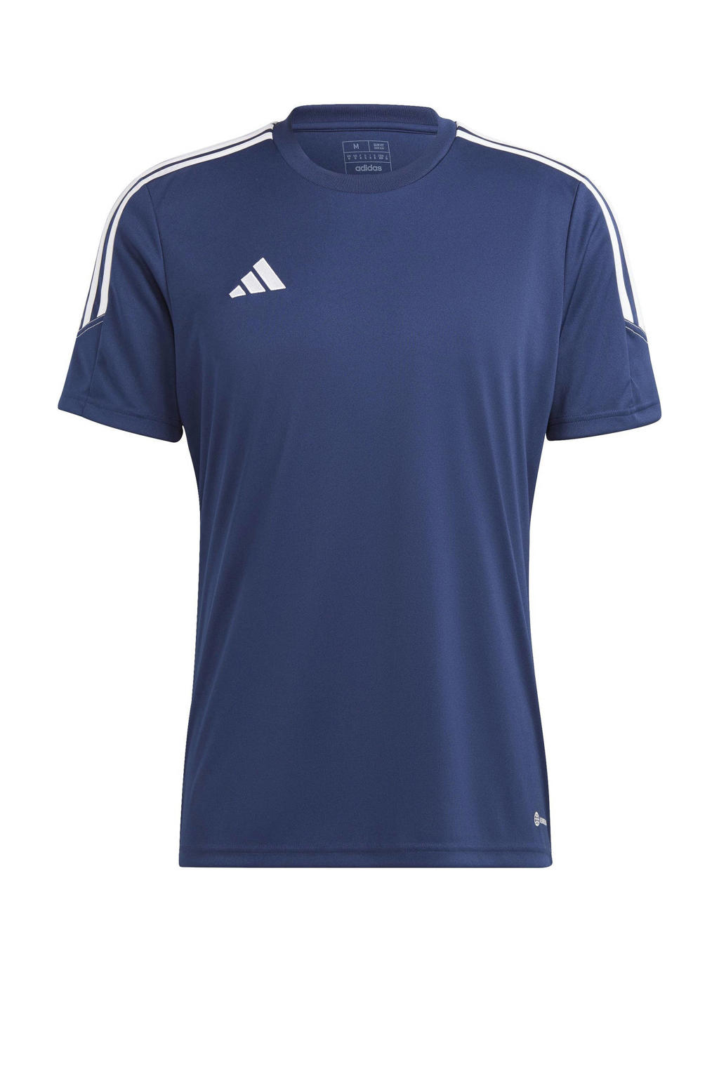 Donkerblauw en witte heren adidas Performance sport T-shirt Tiro 23 van polyester met logo dessin, korte mouwen en ronde hals
