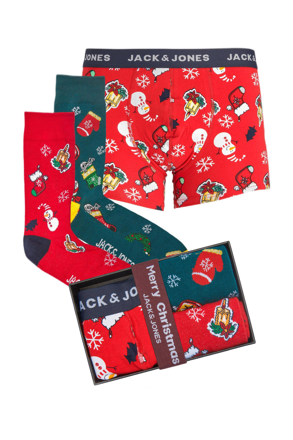 JACK & JONES giftbox boxershort + 2 paar sokken JACTOM met kerst print