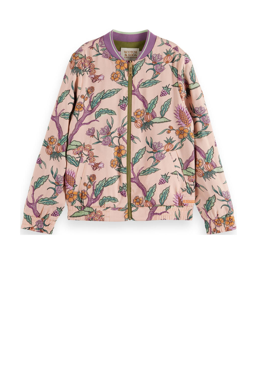 Roze meisjes Scotch & Soda gebloemde reversible bomberjack zomer van viscose met lange mouwen, ronde hals en ritssluiting