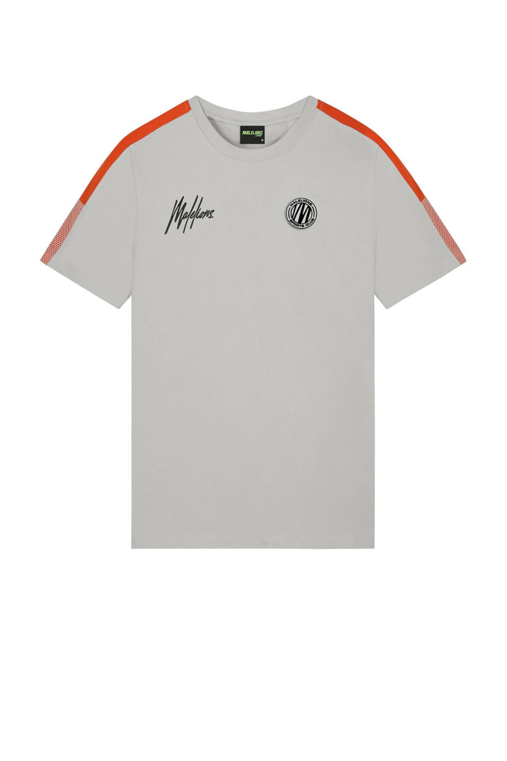 Grijs en oranje heren Malelions sport T-shirt van katoen met logo dessin, korte mouwen en ronde hals
