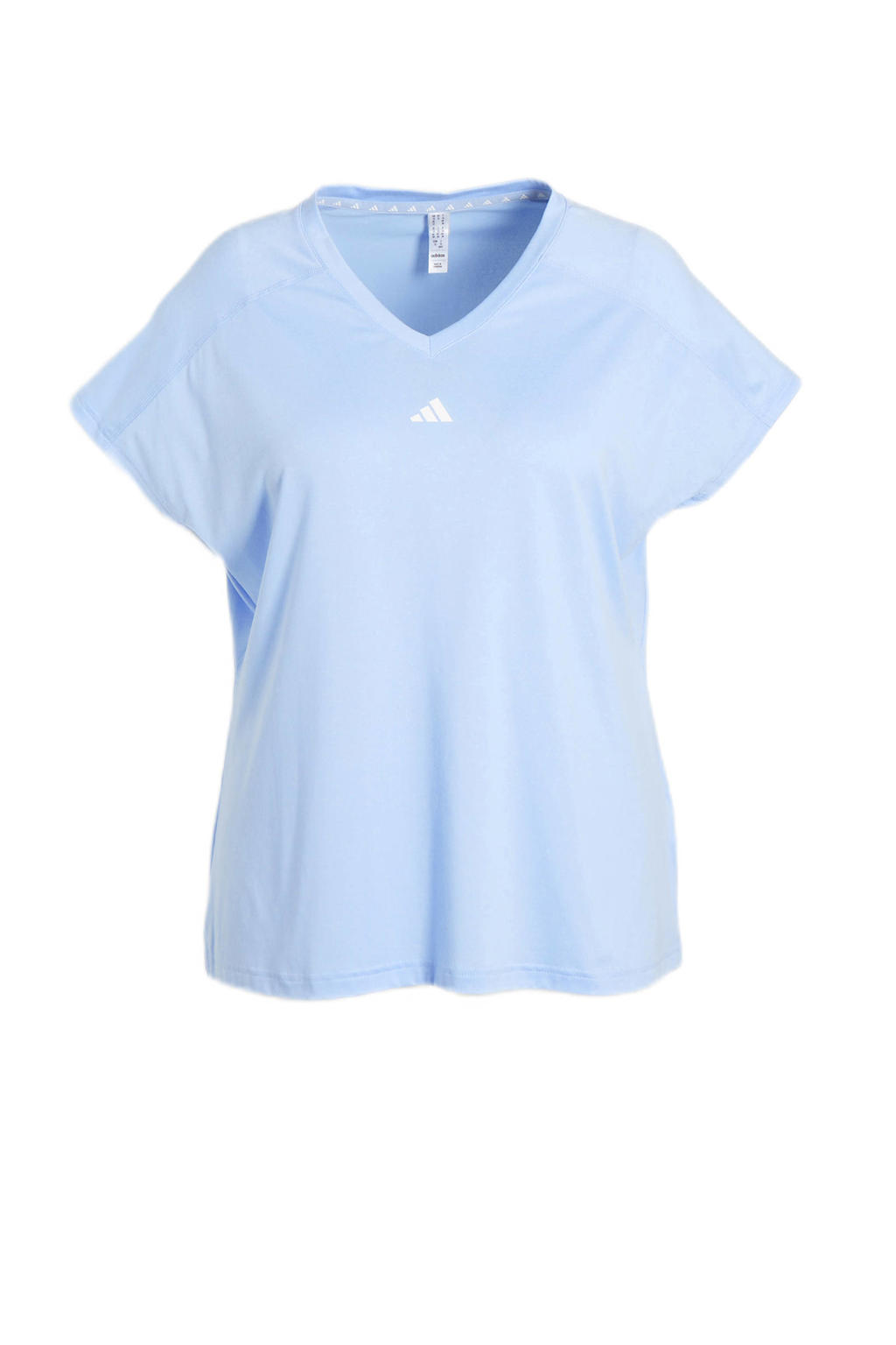 Lichtblauwe dames adidas Performance Plus Size sport T-shirt van polyester met logo dessin, korte mouwen en V-hals