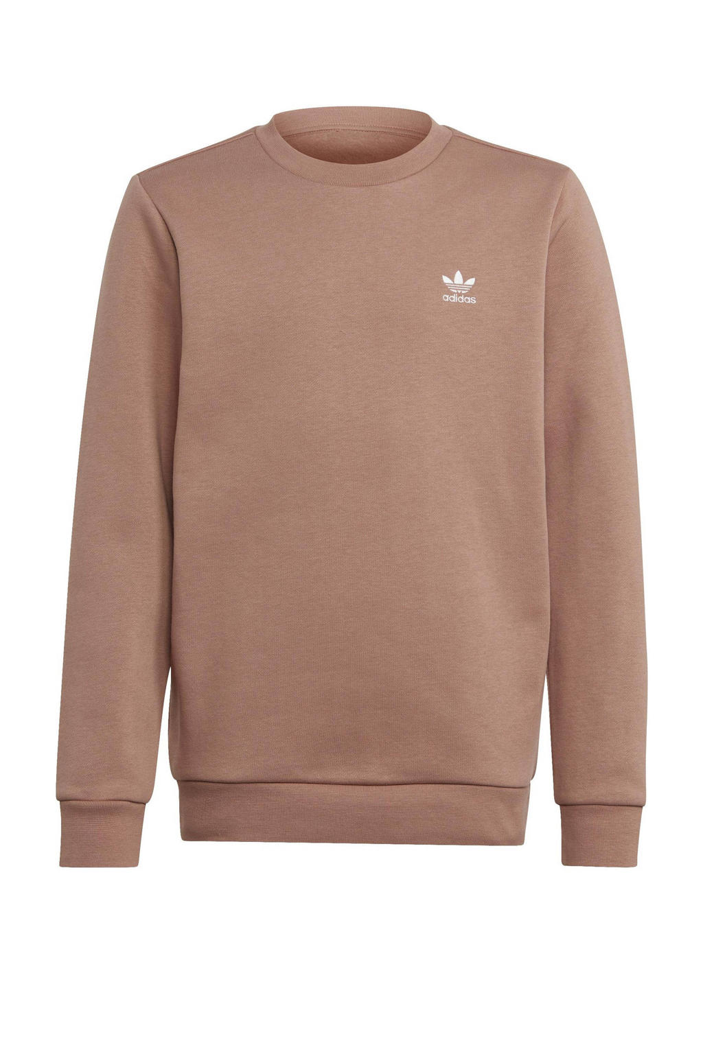 Bruine jongens en meisjes adidas Originals fleece sweater met logo dessin, lange mouwen, ronde hals en geribde boorden