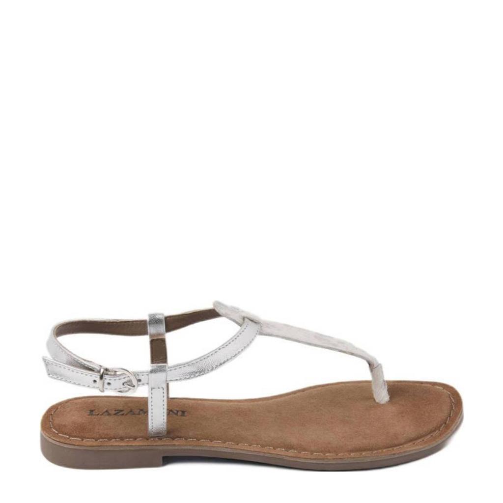 Zilverkleurige dames Lazamani leren sandalen met gesp