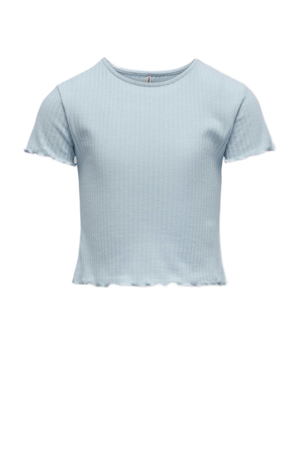 Lichtblauwe meisjes KIDS ONLY GIRL ribgebreid T-shirt van polyester met effen, korte mouwen en ronde hals
