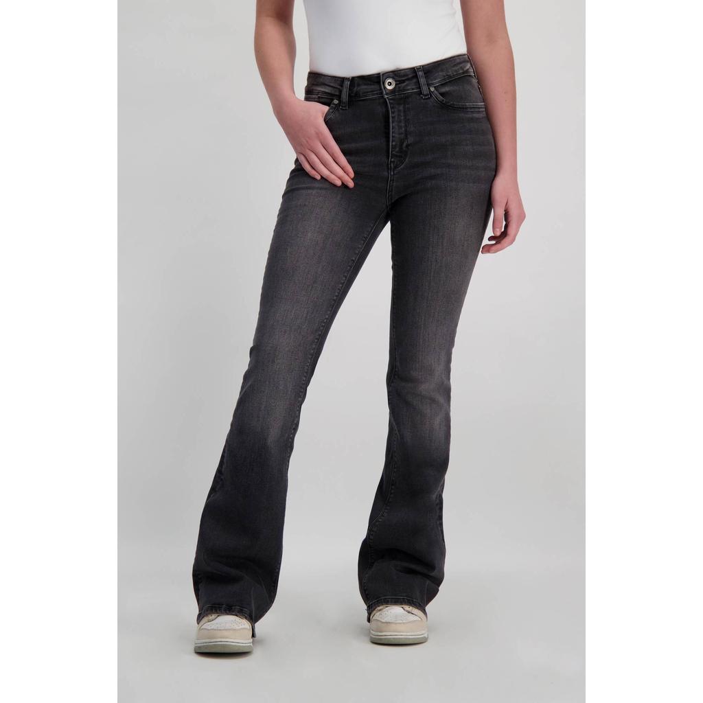 Dark blue denim dames Cars flared jeans Michelle van denim met regular waist en rits- en knoopsluiting
