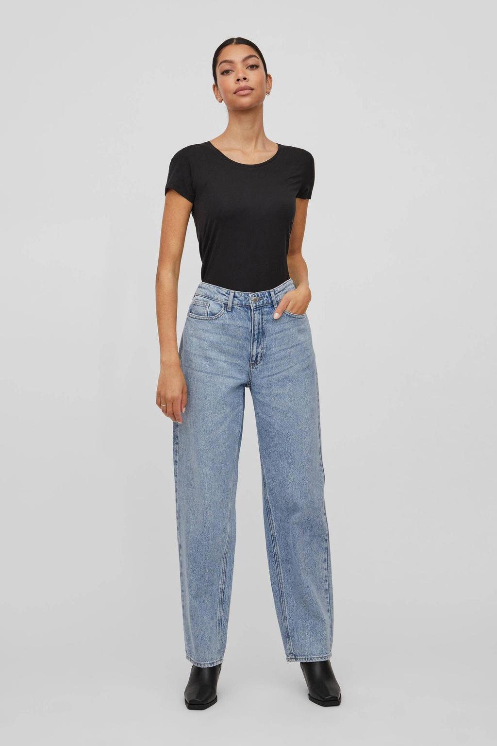 Blauwe dames VILA high waist loose fit jeans van denim met rits- en knoopsluiting