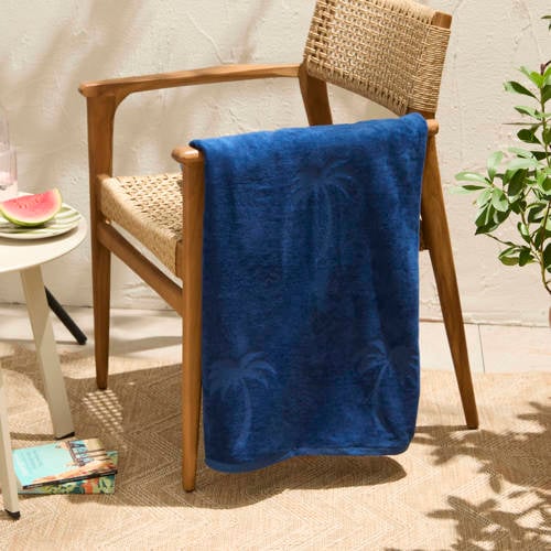 Wehkamp BEACHWAVE strandlaken Palm - donkerblauw (velours) (200x100 cm) aanbieding