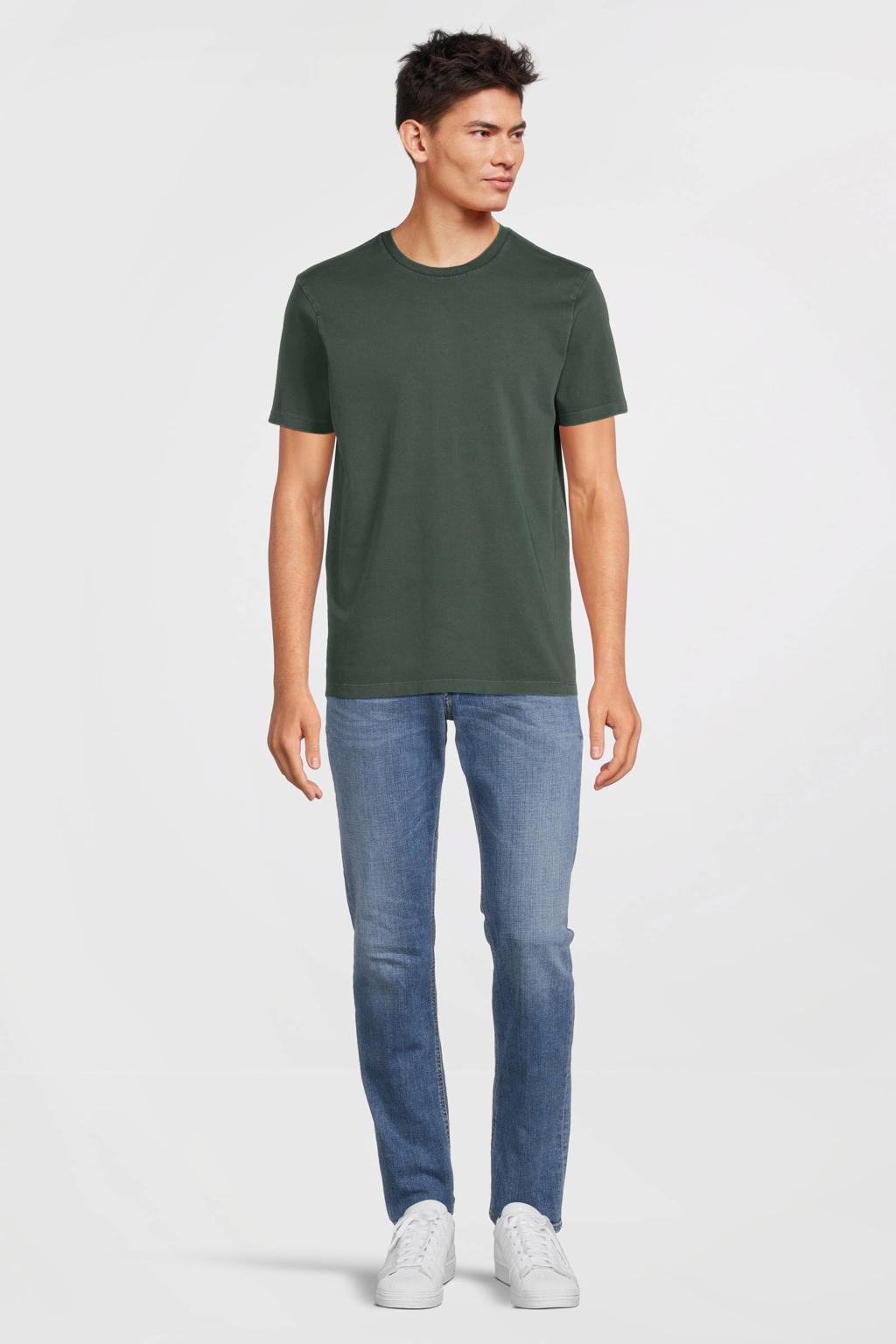 Kakikleurige heren Anytime T-shirt van katoen met effen, korte mouwen en ronde hals