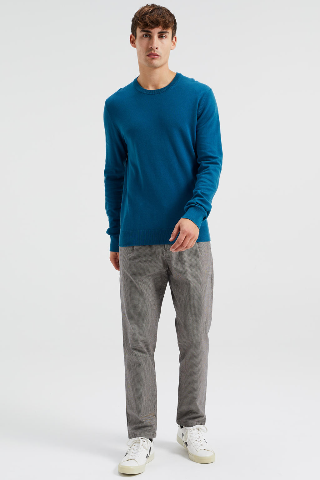 Blauwe heren WE Fashion pullover van katoen met lange mouwen en ronde hals