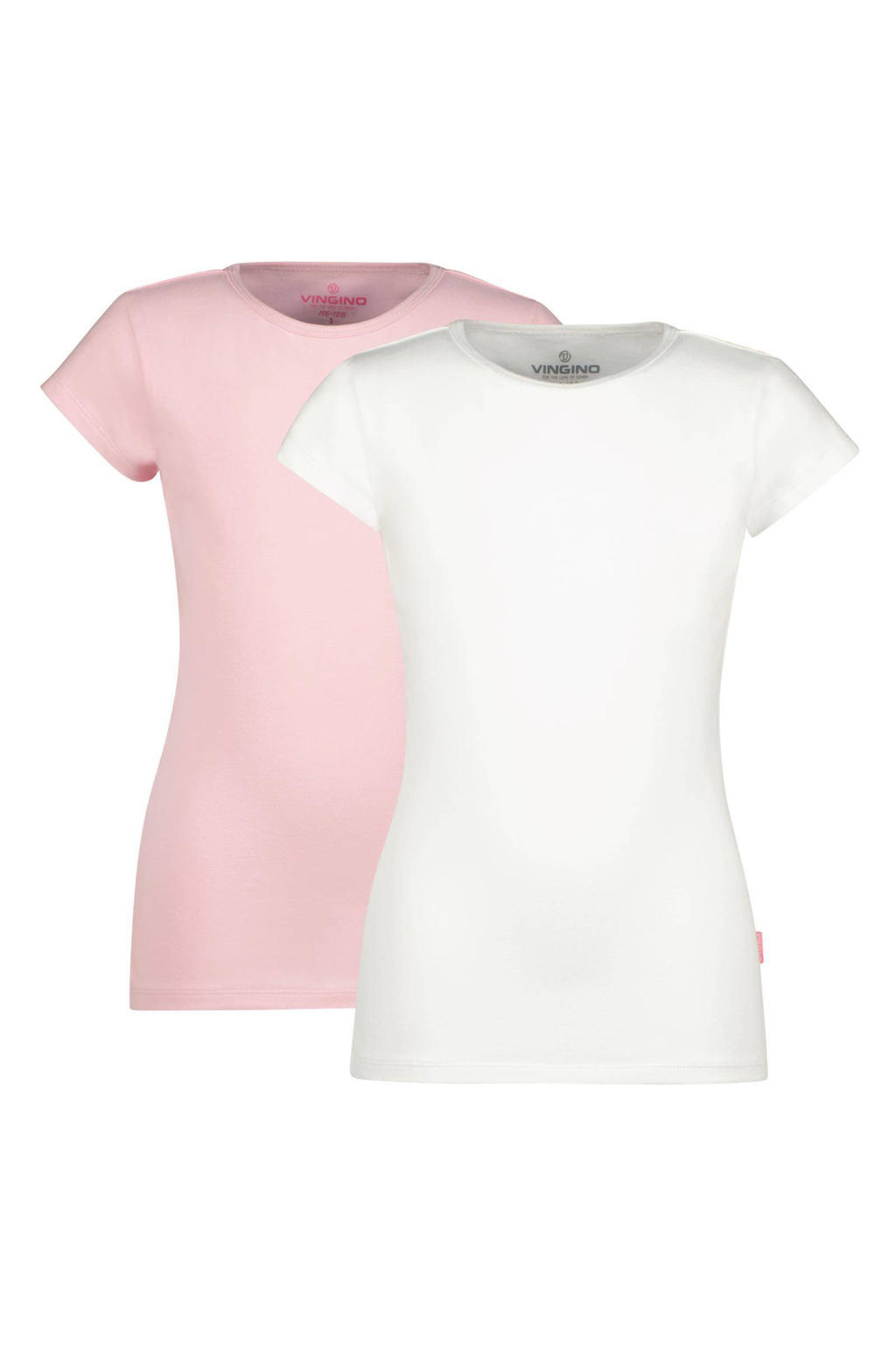 Set van 2 roze en witte meisjes Vingino T-shirt van duurzaam stretchkatoen met korte mouwen en ronde hals