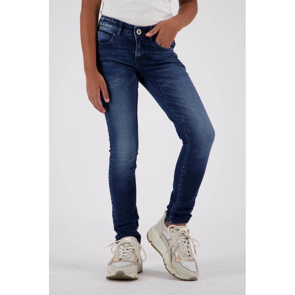 Dark blue denim meisjes Vingino super skinny jeans van stretchdenim met regular waist, rits- en knoopsluiting en effen