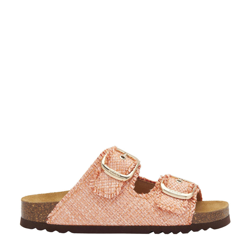 Zalmkleurige dames Scholl Noelle slippers van raffia met gesp