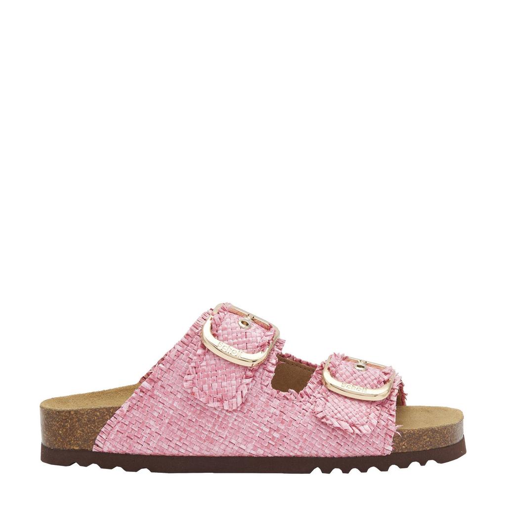 Roze dames Scholl Noelle slippers van raffia met gesp
