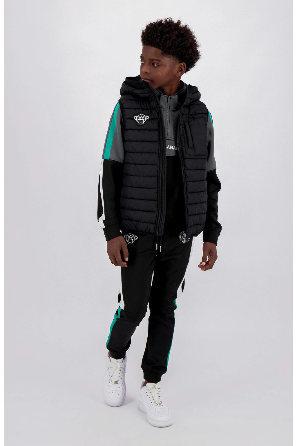 Zwarte jongens BLACK BANANAS bodywarmer van polyester met capuchon en ritssluiting