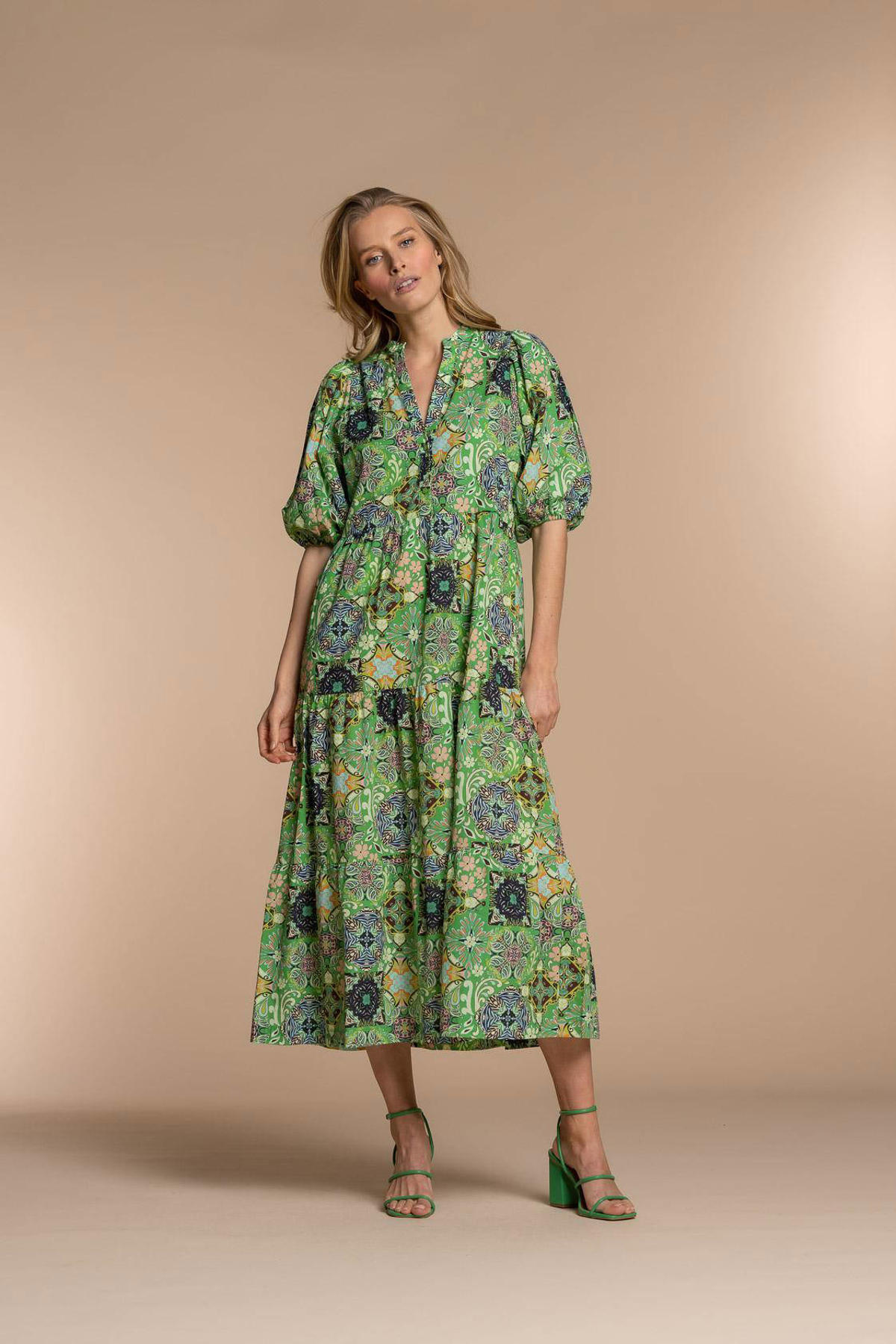 Feest Wijde selectie Bomen planten Geisha trapeze jurk met all over print groen/blauw/geel | wehkamp