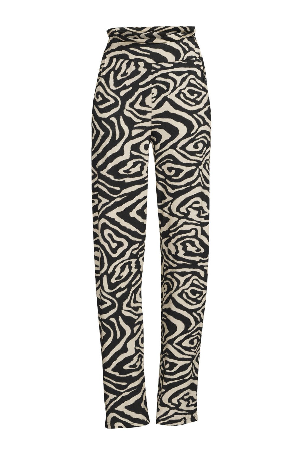 Zwart en zandkleurige dames Geisha high waist straight fit broek van viscose met elastische tailleband
