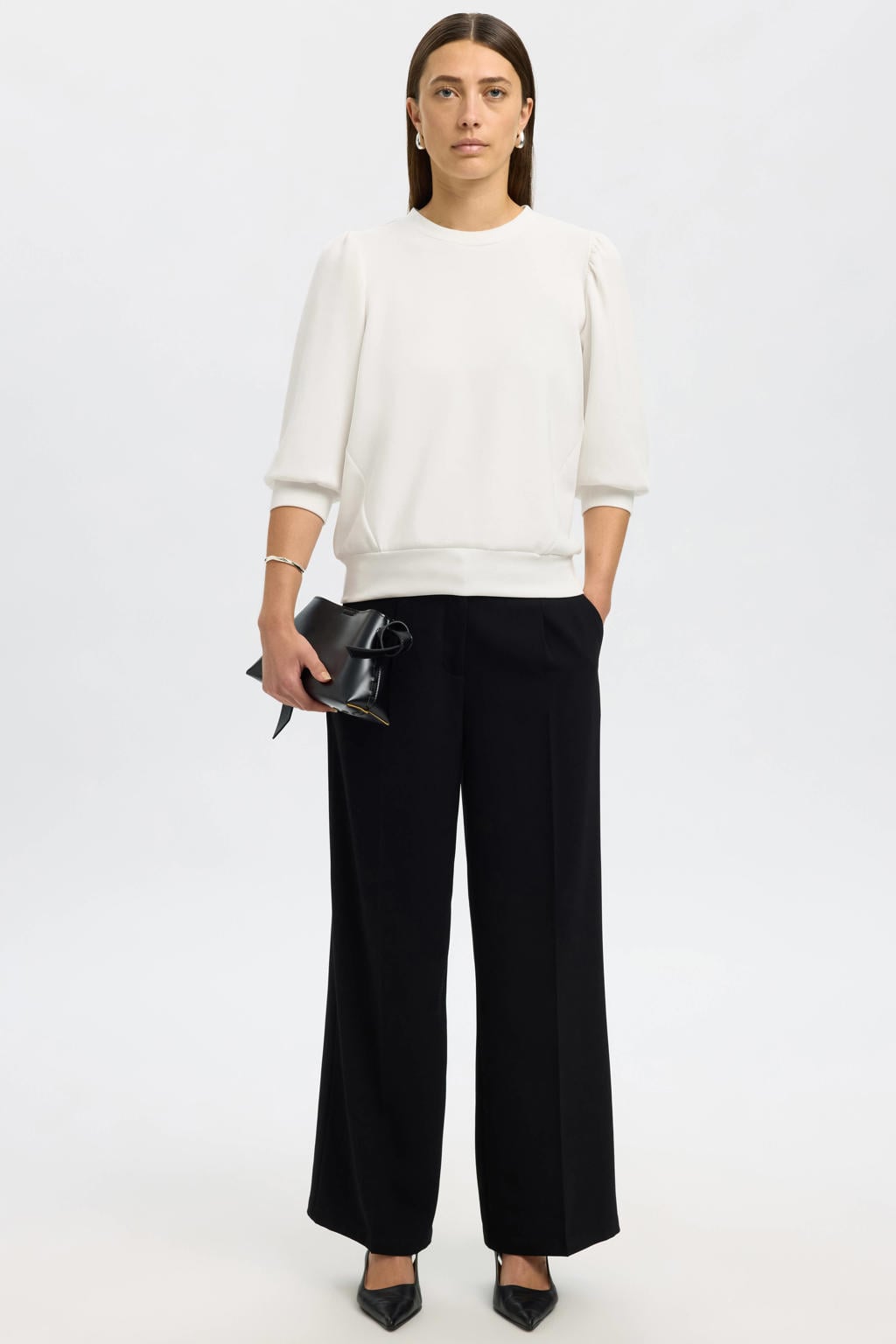 Witte dames Selected sweater van modal met effen, driekwart mouwen, ronde hals en plooien