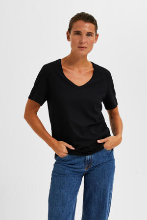 T-shirt SLFESSENTIAL van katoen zwart