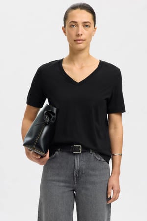 T-shirt SLFESSENTIAL van katoen zwart